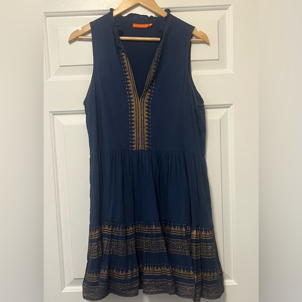 Oliphant mini Yoke dress Small Navy blue gold detail